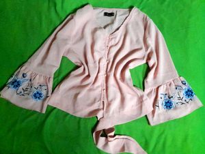 Korean Floral Embroidery Bell Sleeve Pink Crop Top