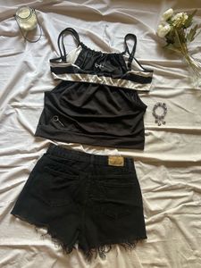 striped cami top,black shorts &amp; jewelry