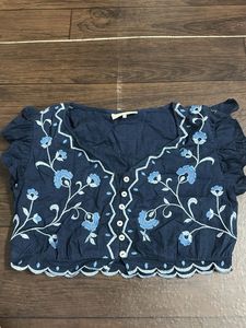 Embroidered Blue Cropped Top