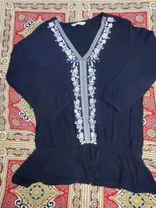 Embroidered Navy Blue Kurta Top