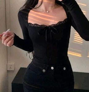 Chic Black Lace Trim Tie-Front Top