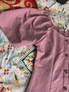 Chic Pink Button-Up Puff Sleeve Dress