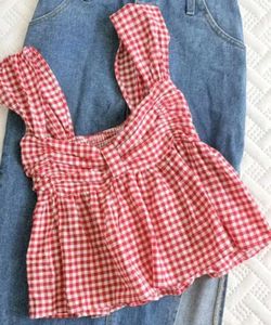 Red Gingham Puff Sleeve Top(New )
