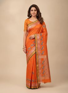 Vibrant Orange Saree with Peacock Motif