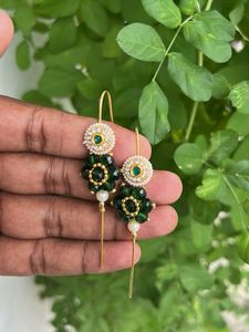 Elegant Green Crystal &amp; Pearl Dangle Earrings