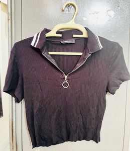 Ribbed Zip-Up Polo Crop Top