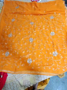 Orange Saree with Silver Embroidery