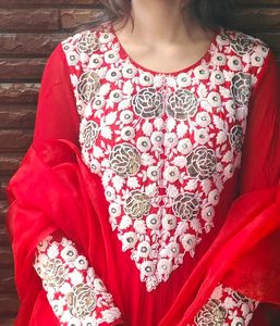 Red Embroidered Kurta Set
