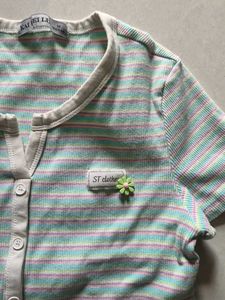 Striped Button-Up T-Shirt with Flower Accent