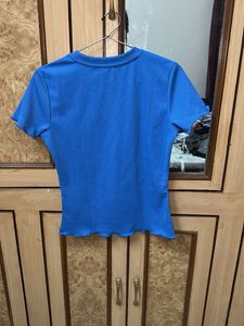 Blue Textured Lettuce Hem Top