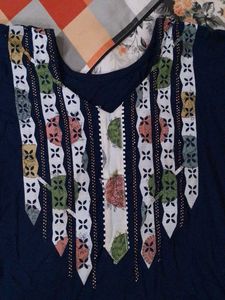 Navy Blue Kurta with Embellished Neckline