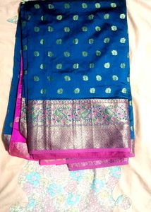 Traditional Indian Blue Silk Saree with Pink Blous