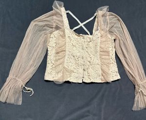 Sheer Lace Button-Up Blouse