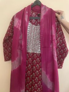 Maroon Floral Print Kurta Set with Dupatta