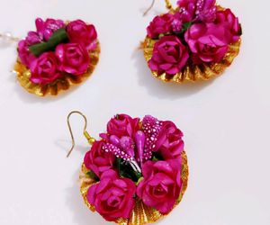 Pink Flower Jewellery - Earring &amp; Mangtika Set