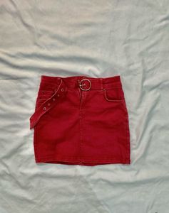 Red Denim Mini Skirt with Belt