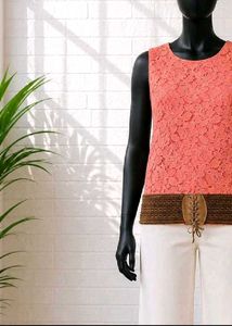 Coral Lace Sleeveless Top with Belt Detail