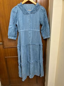 Blue Tiered Midi Dress with Ruffle Collar