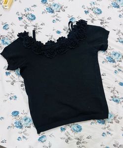 Black Floral Lace Trim top
