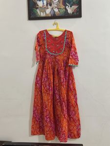 orange pink bandhani print kurta cum gown
