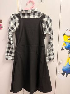 Chic Black Pinafore Dress with Gingham Shirt