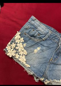 Denim Shorts with Lace Trim