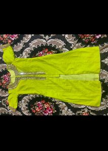 Lime Green Anarkali Kurta with Mirror Work