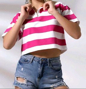 Oversized Pink Striped Crop Top
