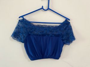 Blue Lace Off-Shoulder Crop Top