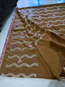 Brown &amp; Gold Embellished Saree