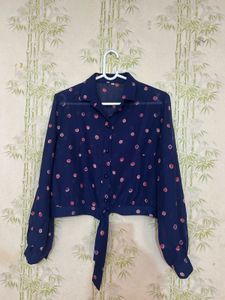 Navy Blue Polka Dot Tie-Front Blouse