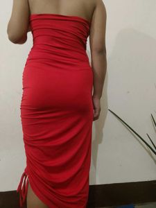 Chic Red Halter Neck Ruched Midi Dress