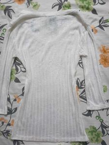 White V-Neck Ribbed Long Sleeve Top