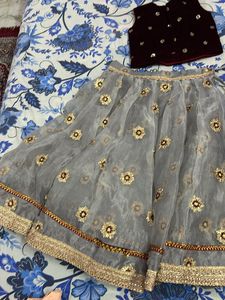 Maroon Velvet Choli With Organza Lehnga