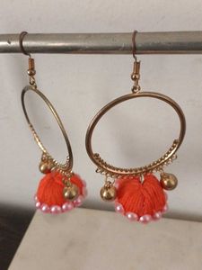 Orange Jhumka Earrings with Pearls