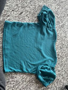 Teal Ribbed Puff Sleeve Top