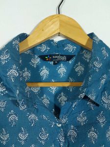 Blue Printed Shirt Style Top For Women's
