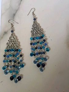 Blue Beaded Chandelier Earrings