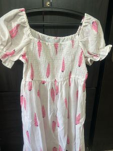 White Cotton Dress with Pink Leaf Print