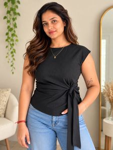 Chic Black Pinstripe Tie-Waist Top