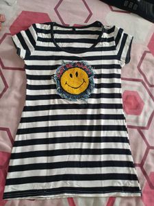 Striped T-Shirt with "Just Be Happy" Smiley Patch