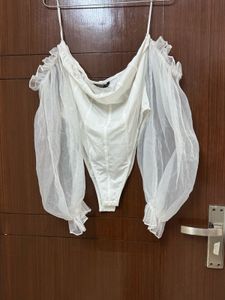 White Off-Shoulder Mesh Sleeve Bodysuit