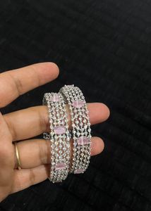 Elegant CZ &amp; Pink Stone Bangle Set