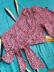 Pink Heart Print Tie-Front Crop Top