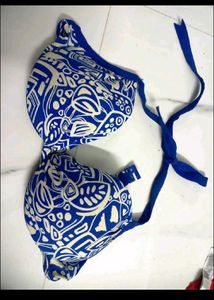 Blue &amp; White Patterned Halter Bikini Top