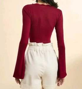 Elegant Bell Sleeve Lace Trim Crop Top