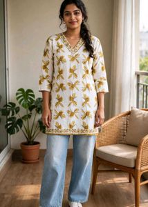 White Kurta with Yellow Floral Print
