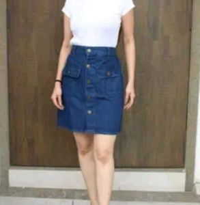 Classic Blue Denim Button-Up Skirt