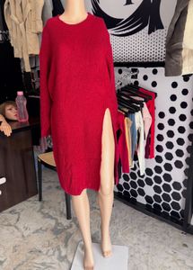 Red Slit Sweater Dress