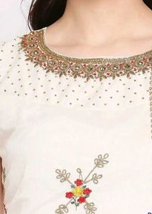 Ream-Coloured &amp; Red Floral Embroidered Cotton Anar